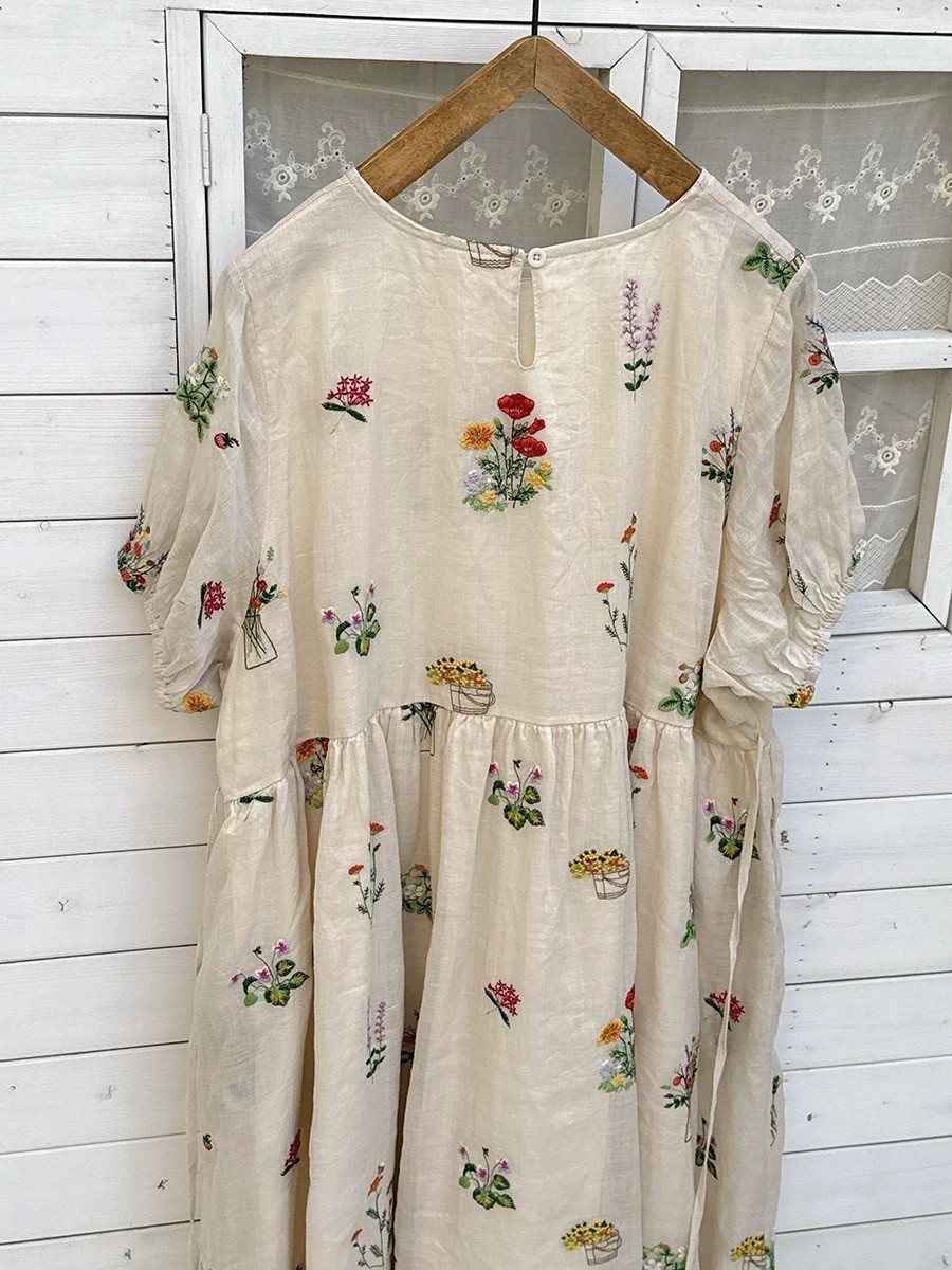 【受注製作】 涼しいリネン刺繡ワンピースKL 0987　2色展開