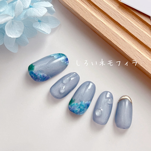 紫陽花 幻想的 梅雨 マグネットネイル ブルー 雨 雫 誕生花 梅雨の美