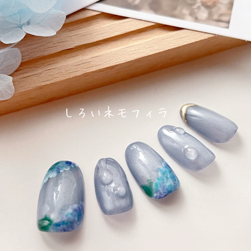 紫陽花 幻想的 梅雨 マグネットネイル ブルー 雨 雫 誕生花 梅雨の美