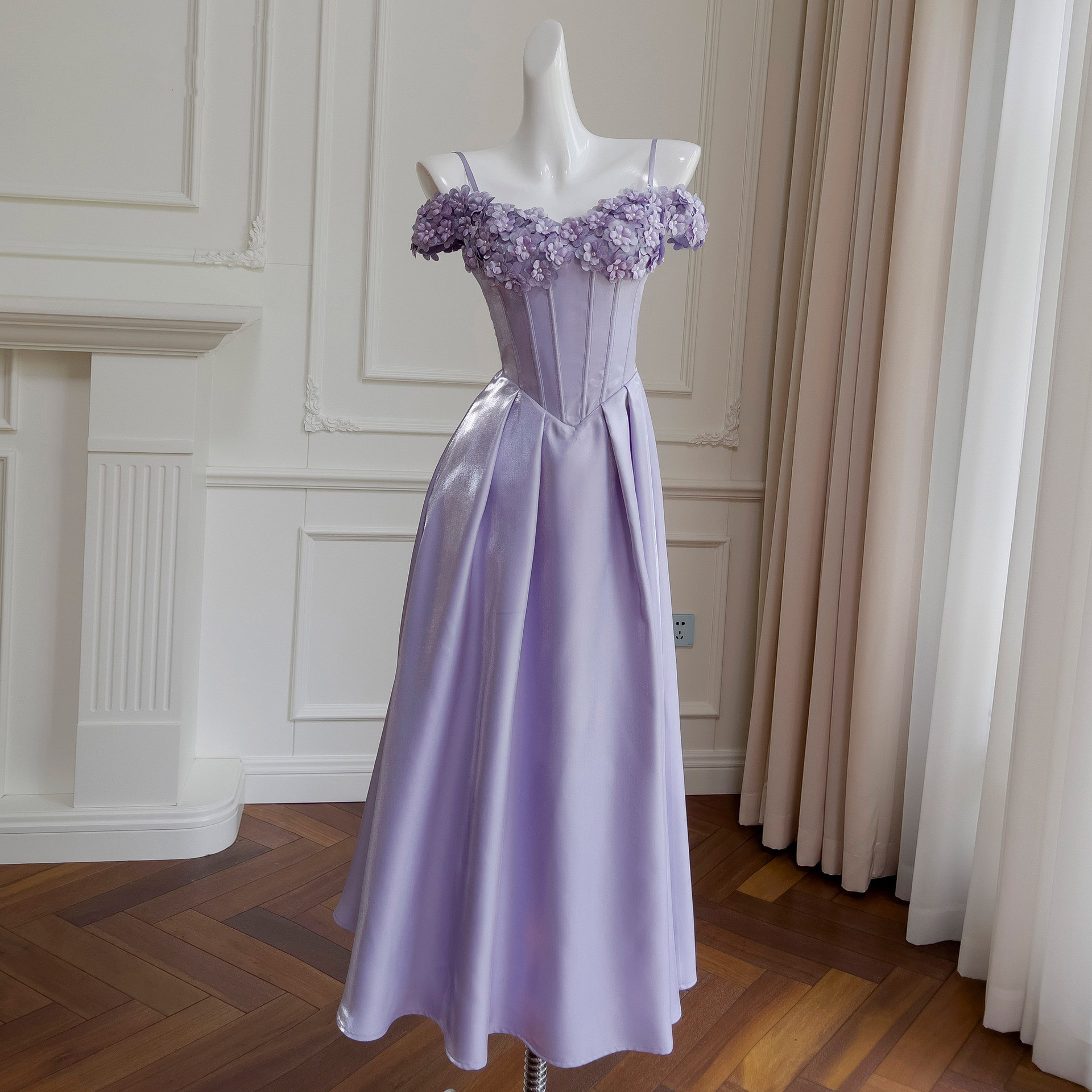 ドレス パーティー ウェディング ワンピース ロング プリンセス 紫 高級感 上品 優雅 韓国風 結婚式 お呼ばれ