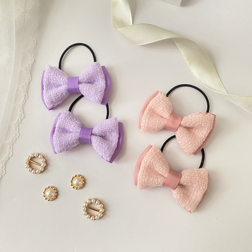No.545 キッズ　ヘアゴム　リボン　ハンドメイド　ツイン new☆レースチェックリボン ヘアゴム ハンドメイド キッズリボン