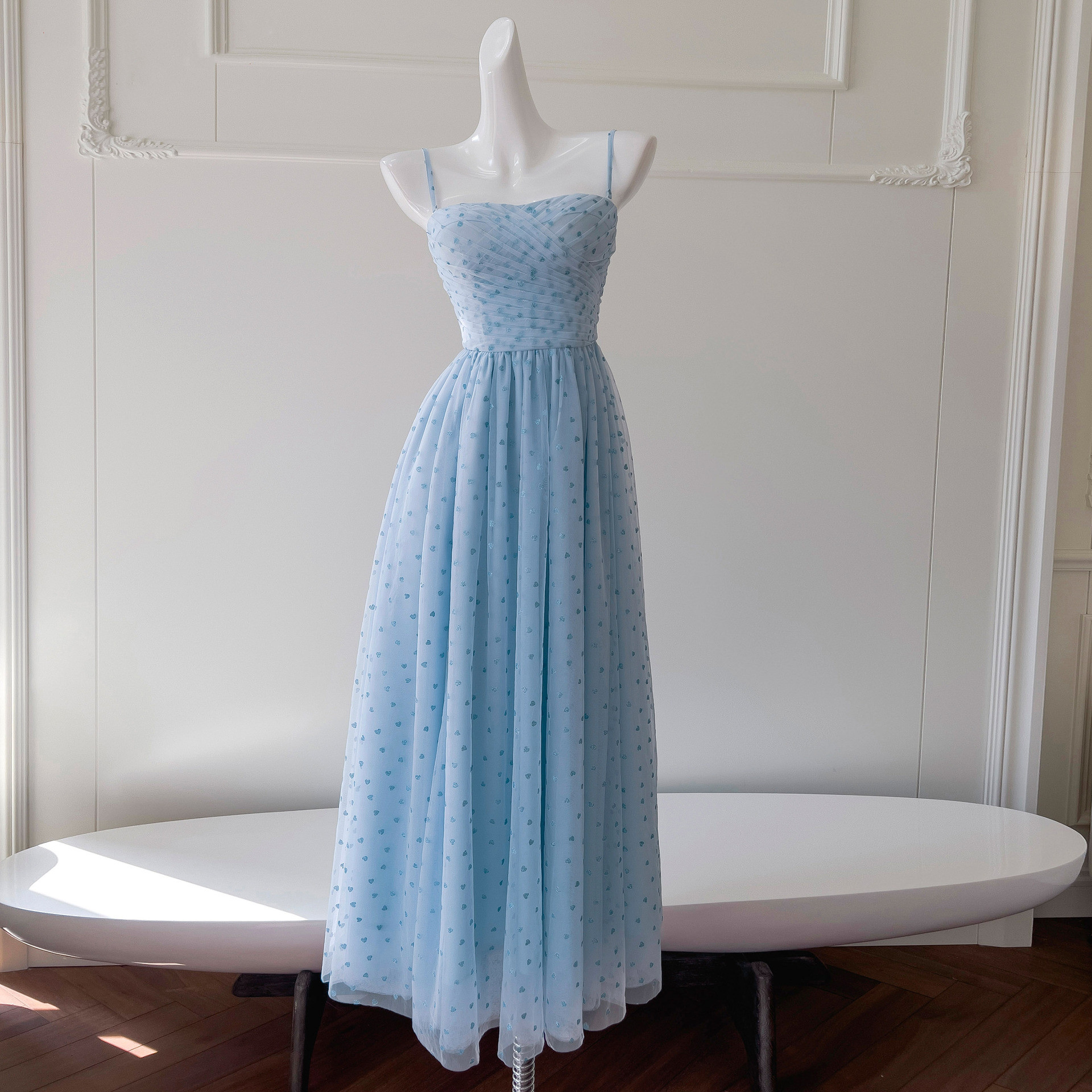 ドレス パーティー ウェディング ワンピース ロング プリンセス 青 ハート柄 上品 優雅 韓国風 結婚式 お呼ばれ