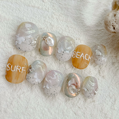 オーダーネイルチップNo.84 夏 海 浜辺 ミラーアクセ ラメ キラキラ ネイルチップ｜ニュアンスネイル｜海ネイル｜夏ネイル｜水着｜波｜砂浜