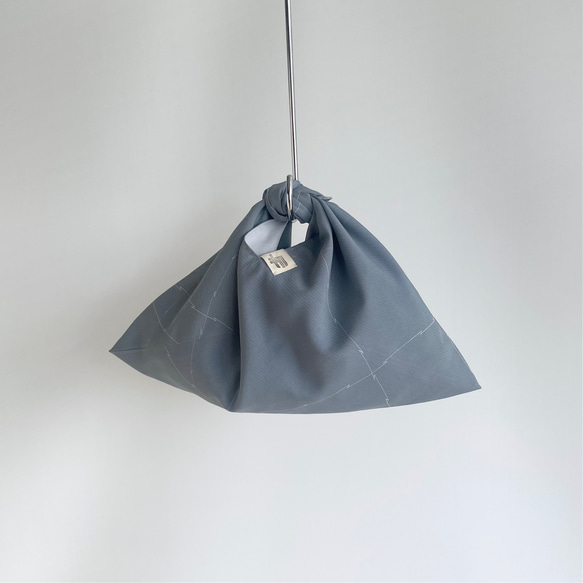 【1点もの】あずま袋 裏地付き ハンドバッグサイズ 正絹 絽 灰紺 & 木綿 ダスティブルー  AZH620 2枚目の画像
