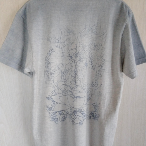 綿99]メンズ藍錠染め如意輪観音お守Tシャツ仏画和柄インド藍手染め