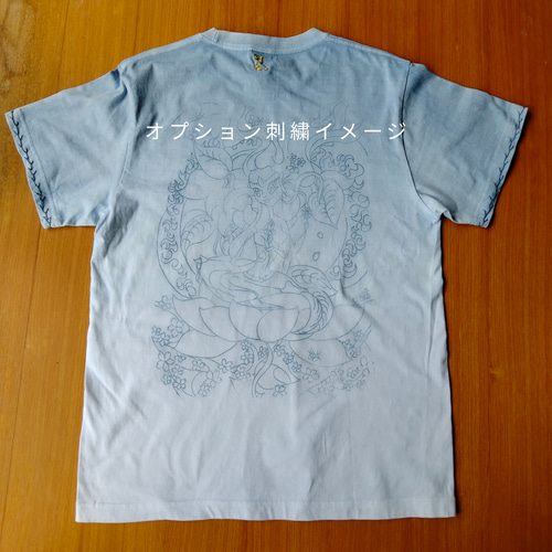 綿99]メンズ藍錠染め如意輪観音お守Tシャツ仏画和柄インド藍手染め