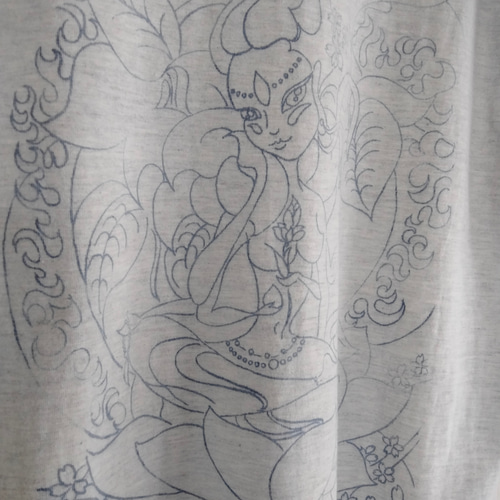 綿99]メンズ藍錠染め如意輪観音お守Tシャツ仏画和柄インド藍手染め