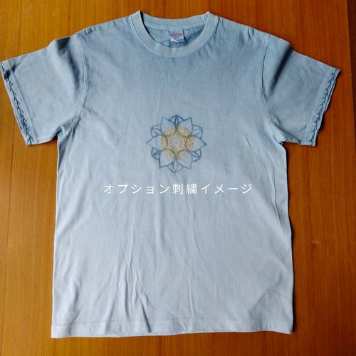 綿99]メンズ藍錠染め如意輪観音お守Tシャツ仏画和柄インド藍手染め