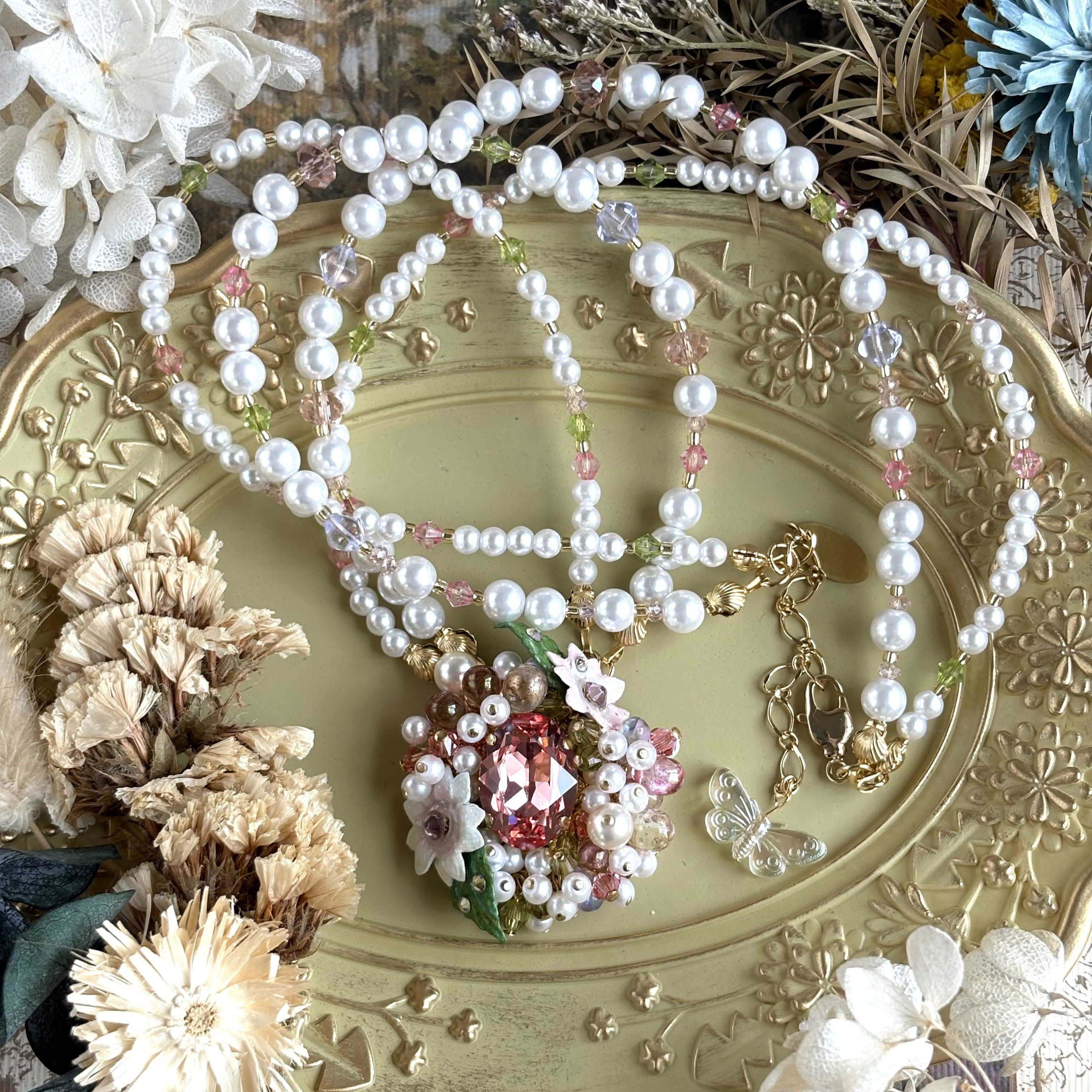 宝石の花園ネックレス(貴和クリスタル・ローズピーチ)