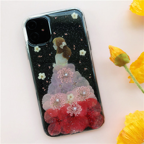 お姫様ドレス iPhone16e/16ProMax/GalaxyS25 押し花ケース