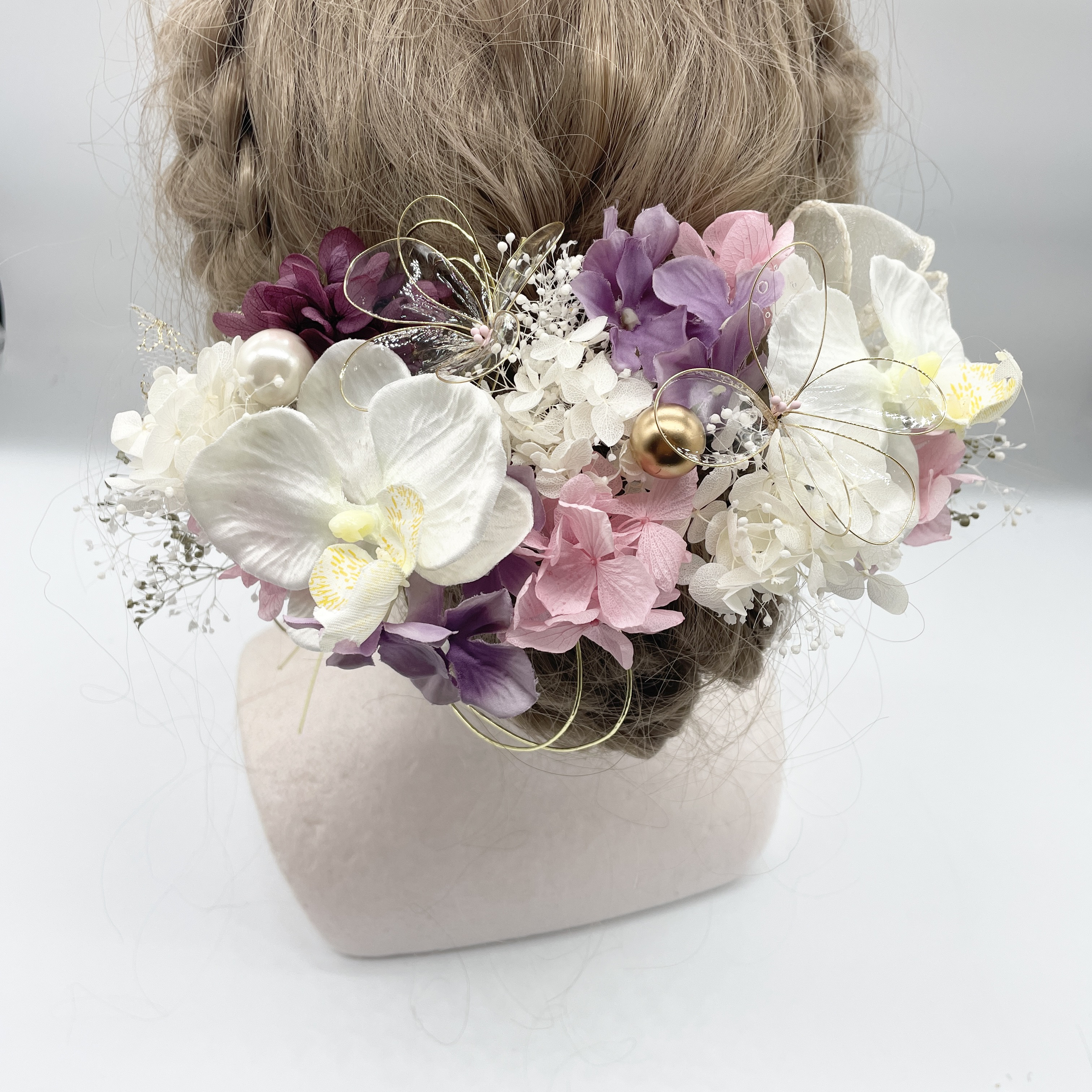 和装髪飾り　水引×金箔　ヘッドドレス　胡蝶蘭　ピンク　パープル