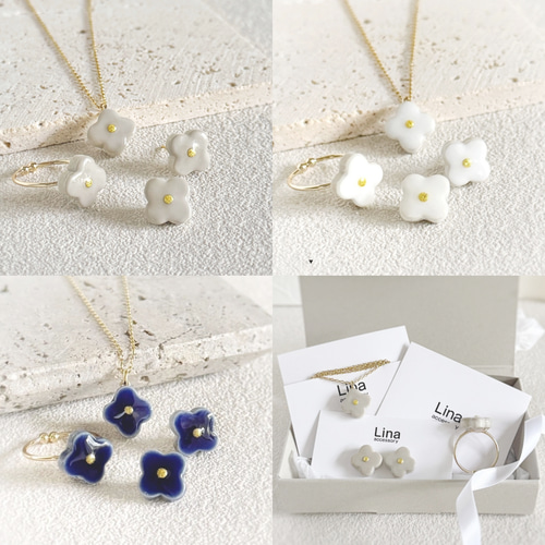 美濃焼 マットライトブルー 花モチーフ リング＆ネックレスセット