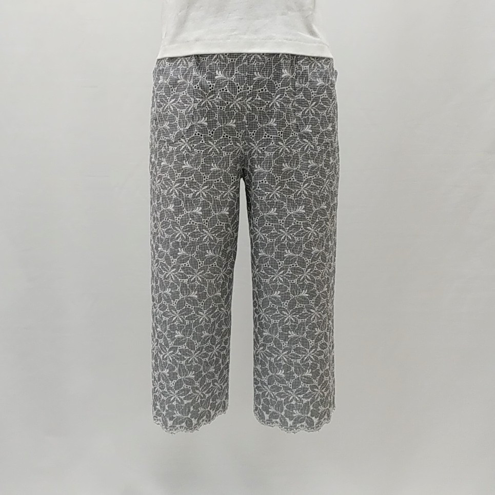 ワイドストレートパンツ　総ゴム 裾スカラップ刺繍　ギンガムチェック