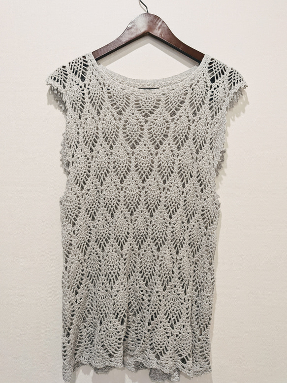 サマーニット＊かぎ針編トップス　ロング丈　夏ベスト 1枚目の画像