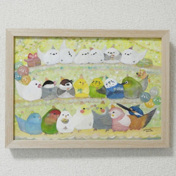 木製額入り原画A4『感謝を込めて』 鳥 アート セキセイインコ