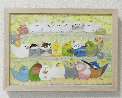 木製額入り原画A4『感謝を込めて』 鳥 アート セキセイインコ