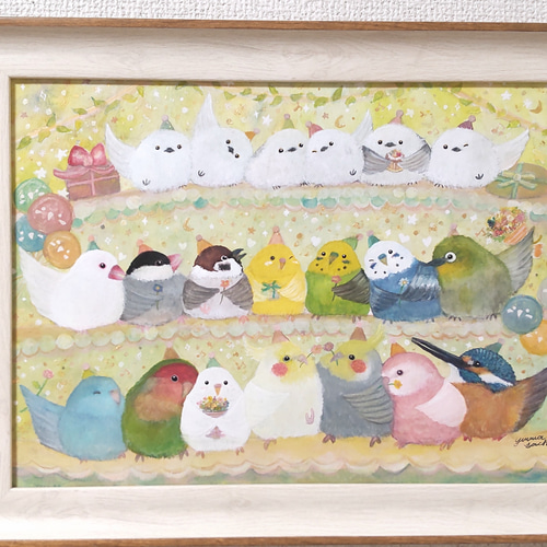 額入り原画A4『感謝を込めて』 鳥 アート セキセイインコ