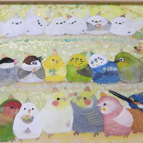 木製額入り原画A4『感謝を込めて』 鳥 アート セキセイインコ