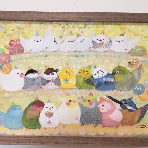 木製額入り原画A4『感謝を込めて』 鳥 アート セキセイインコ