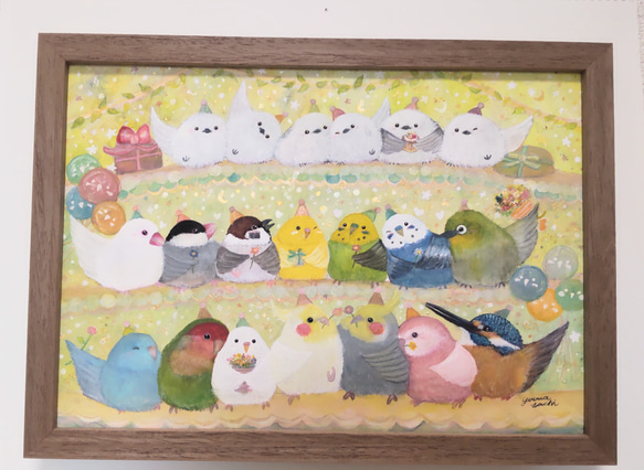 木製額入り原画A4『感謝を込めて』 鳥 アート セキセイインコ