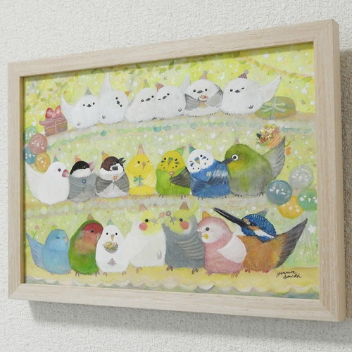木製額入り原画A4『感謝を込めて』 鳥 アート セキセイインコ