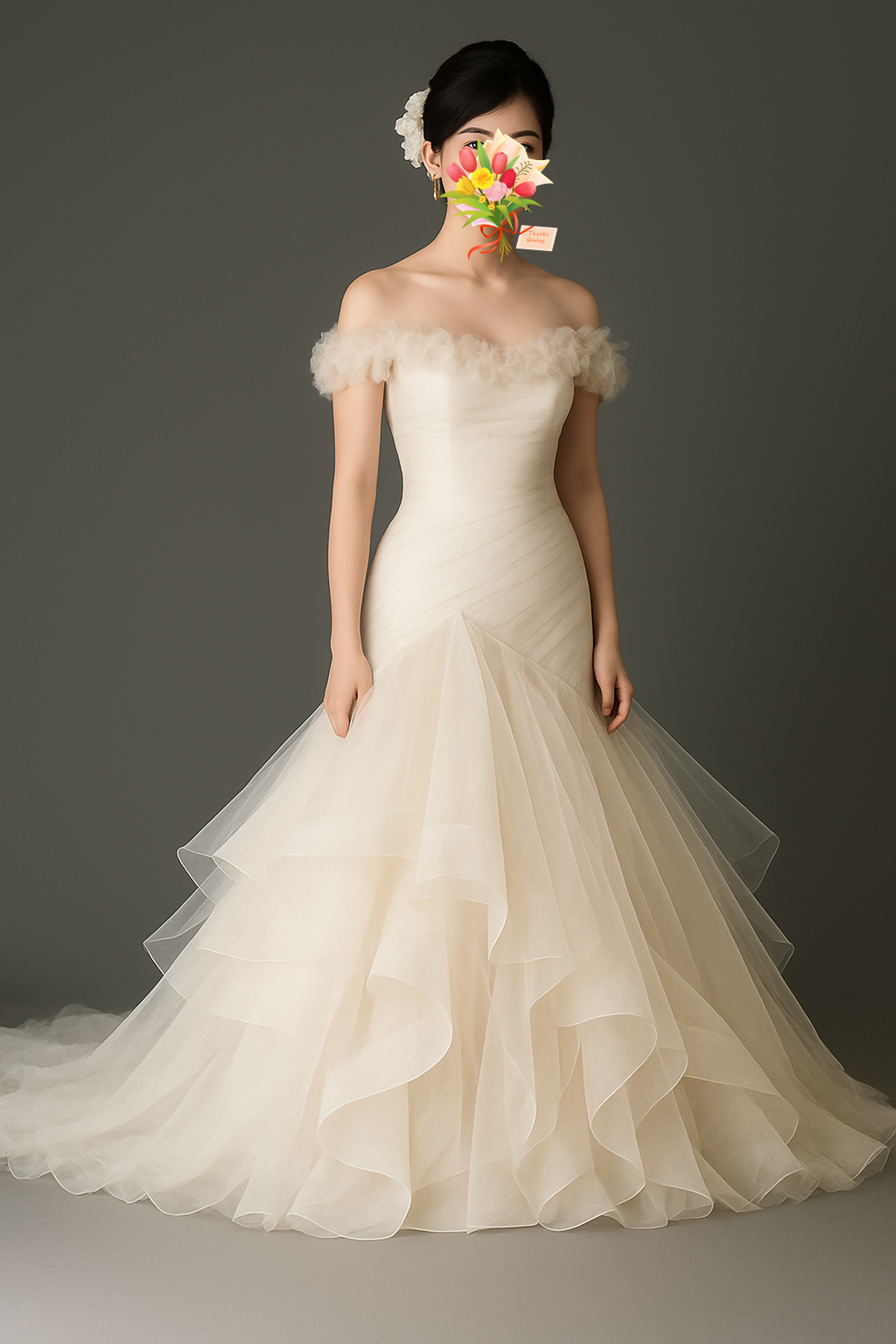 アイボリーウエディングドレス　マーメイド　オフショルダー　フリフリ　結婚式　前撮り　二次会　 披露宴