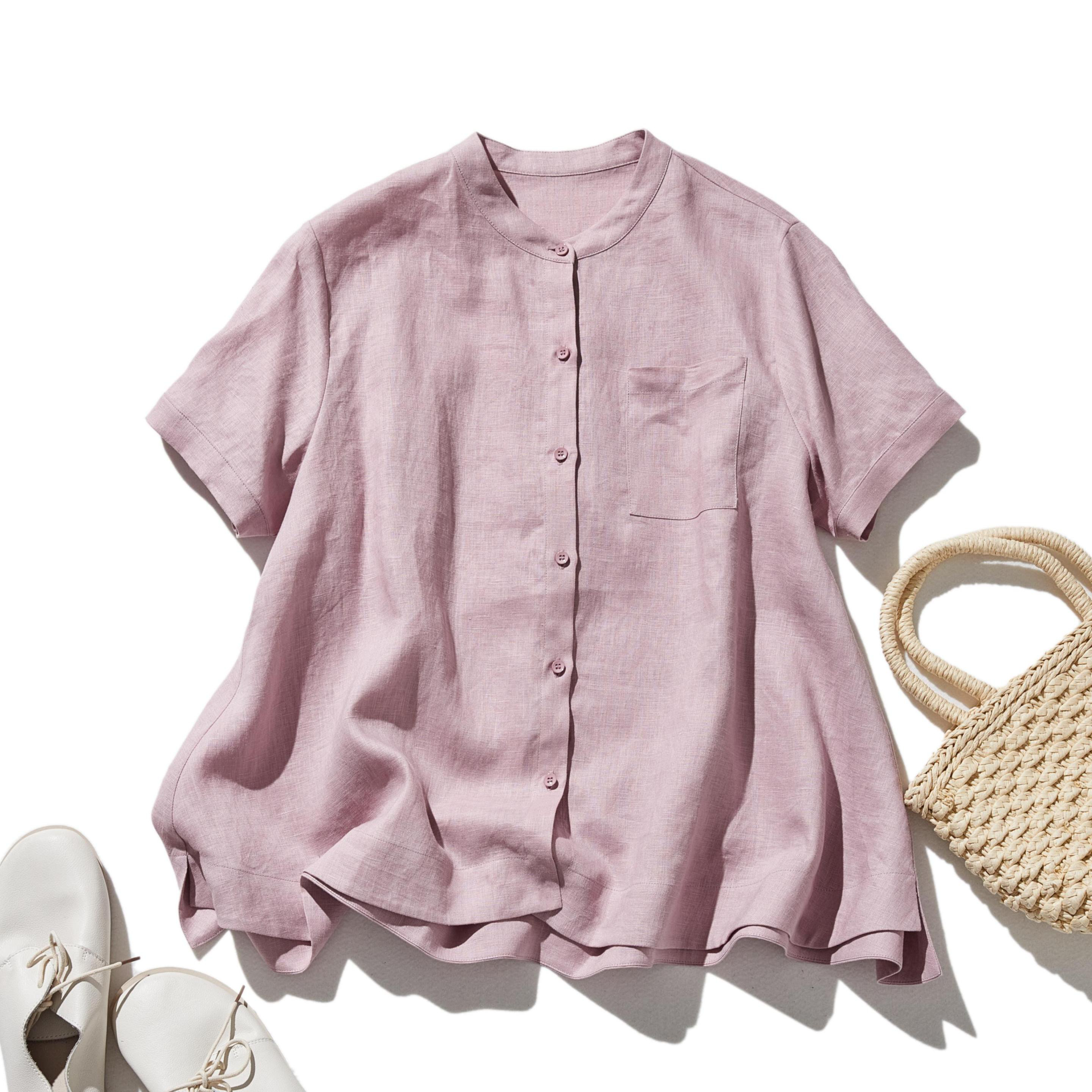 夏に嬉しい通気性◎ 上質リネンの半袖シャツ 羽織りコーデにも　リネン100％　薄いピンク　250513-2