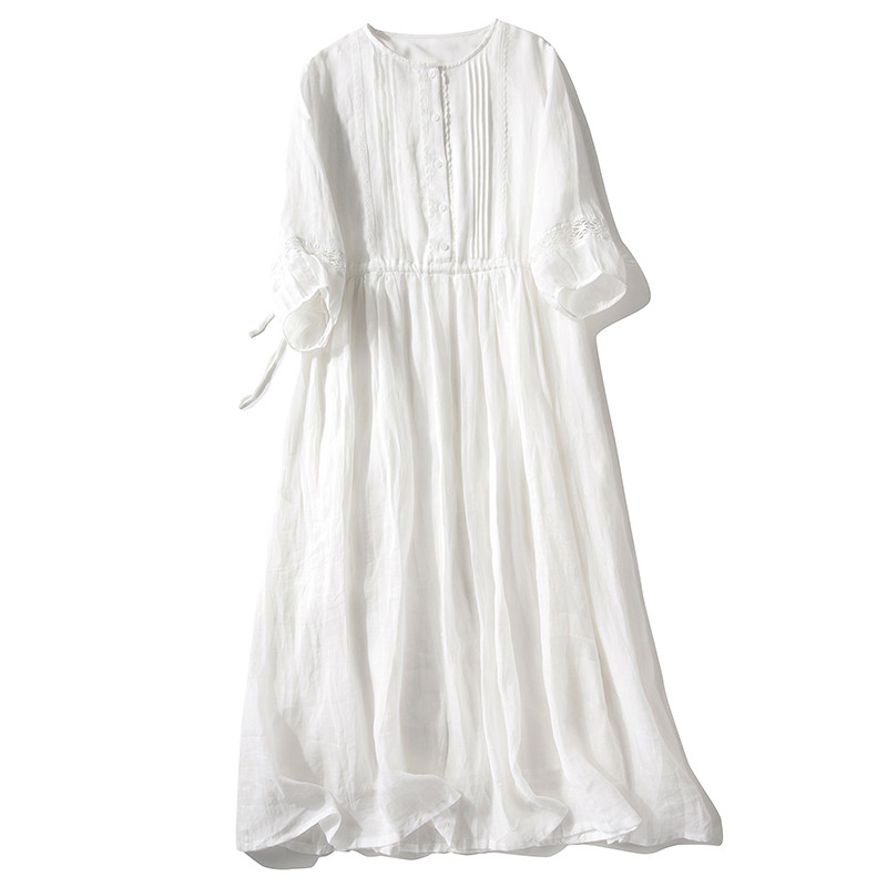 7分袖レース付きリネンワンピース　透かし彫り袖リネンワンピース　ウエスト紐　裏地付き　ホワイト XS-Lサイズ　L647