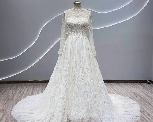 エレガント シルバー Aライン ドレス シースルー袖 Vネック イリュージョンネック シースルーお袖 長袖 冬婚2025春婚 二次会