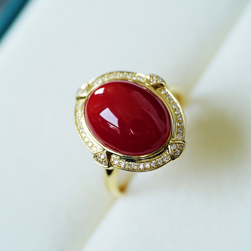 独特」 K18イエローゴールド 天然血赤サンゴ 珊瑚 天然ダイヤモンド