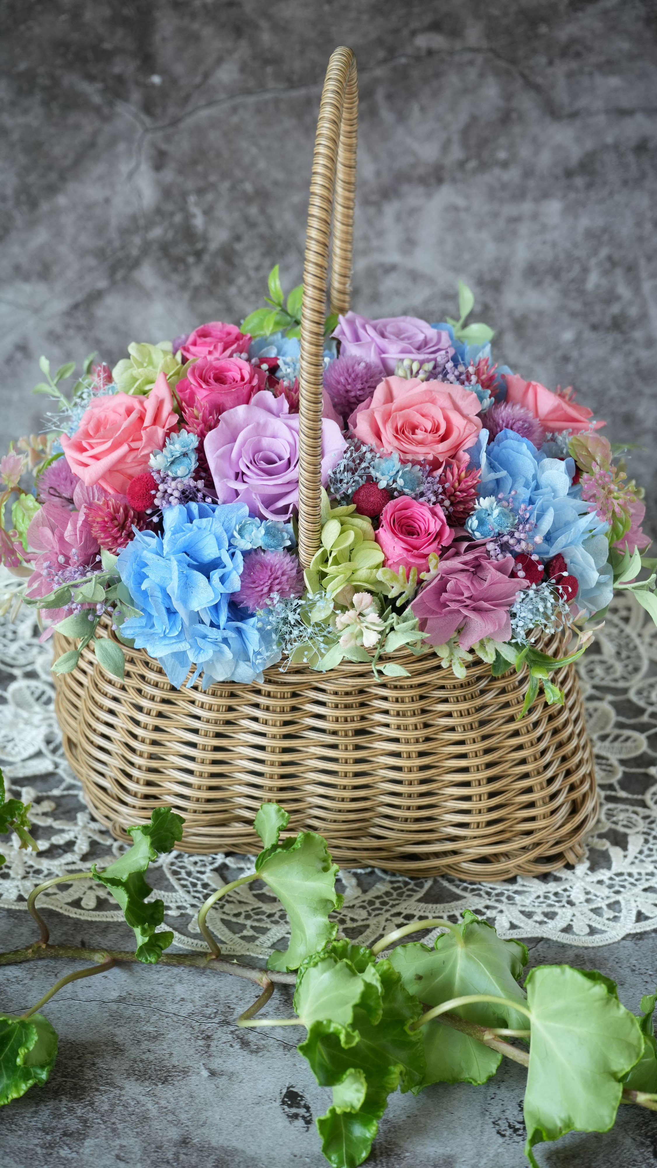 プリザーブドフラワー　フラワーバスケット　バラあじさい　誕生日、送別などさまざまなシーンでのフラワーギフトに