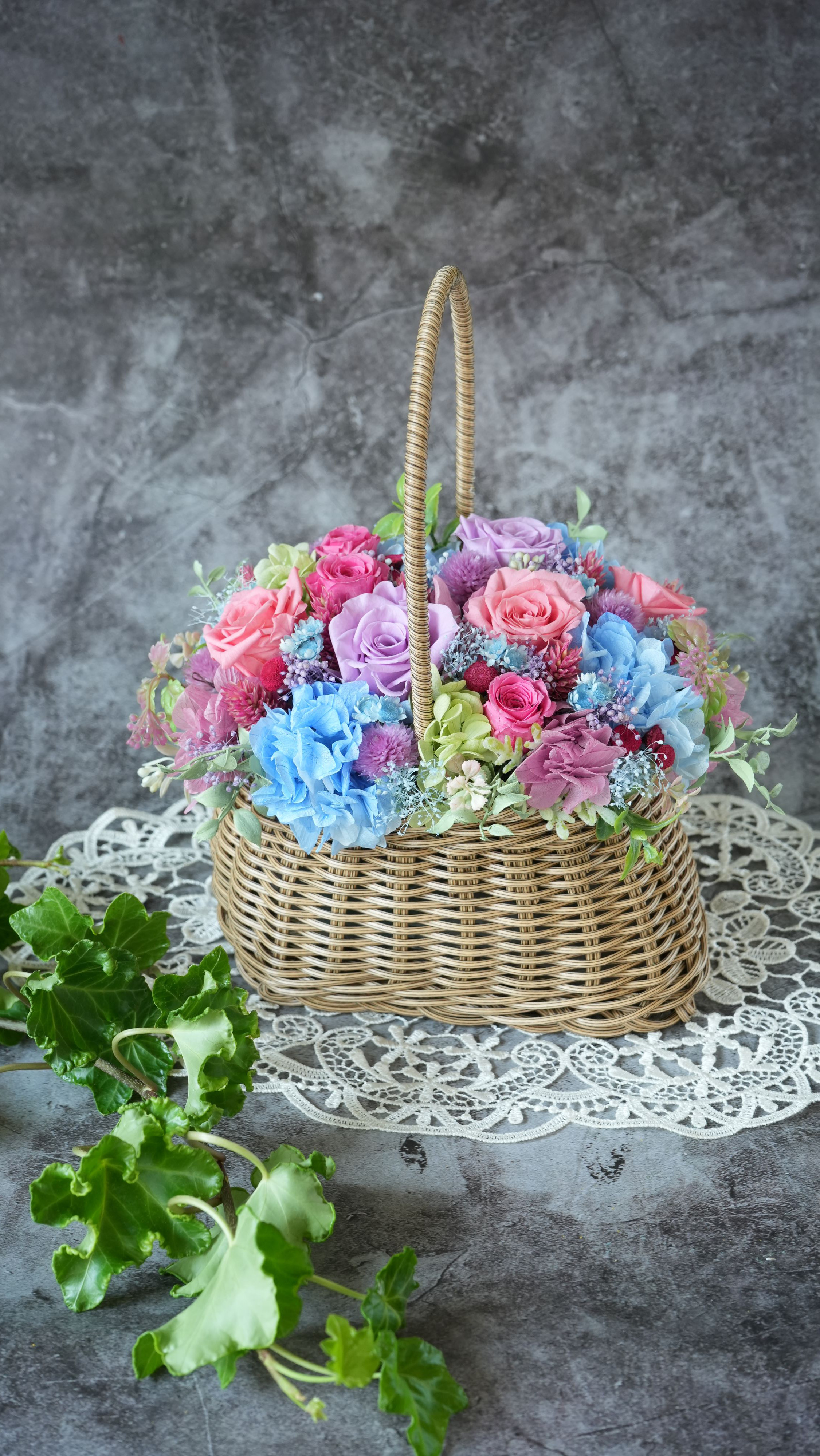 プリザーブドフラワー　フラワーバスケット　バラあじさい　誕生日、送別などさまざまなシーンでのフラワーギフトに