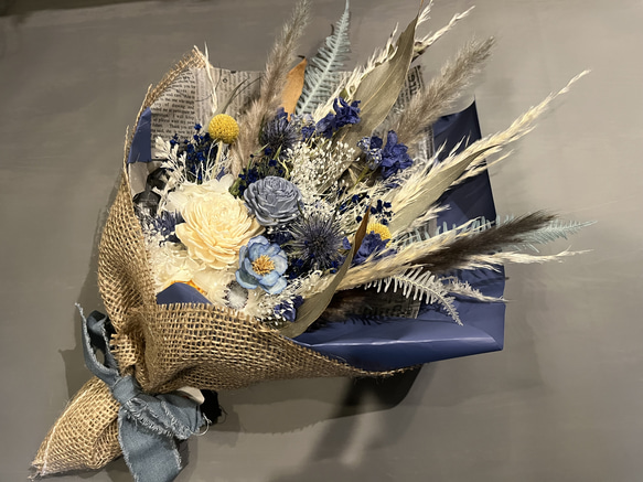 スワッグ　ドライフラワー　花束　ブルー×イエロー系 2枚目の画像