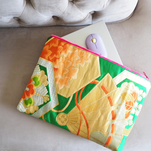 一点もの】着物絹帯×帆布 PCケース／クラッチバッグ 和モダン 個性的