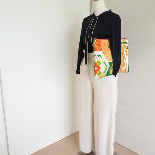 一点もの】着物絹帯×帆布 PCケース／クラッチバッグ 和モダン 個性的