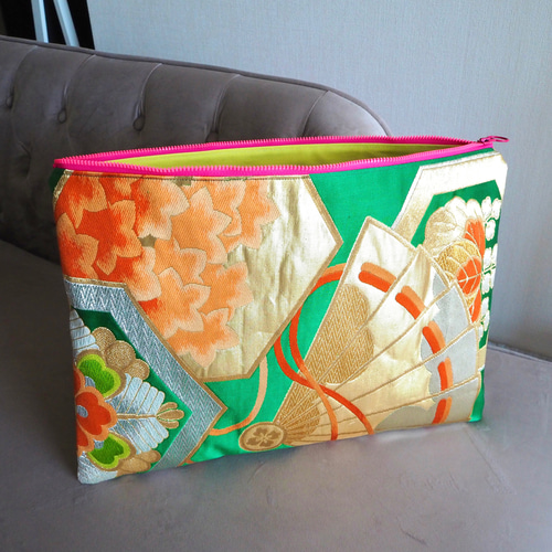 一点もの】着物絹帯×帆布 PCケース／クラッチバッグ 和モダン 個性的