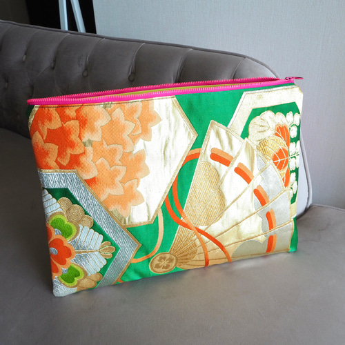 一点もの】着物絹帯×帆布 PCケース／クラッチバッグ 和モダン 個性的