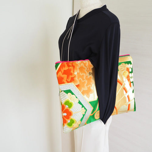 一点もの】着物絹帯×帆布 PCケース／クラッチバッグ 和モダン 個性的