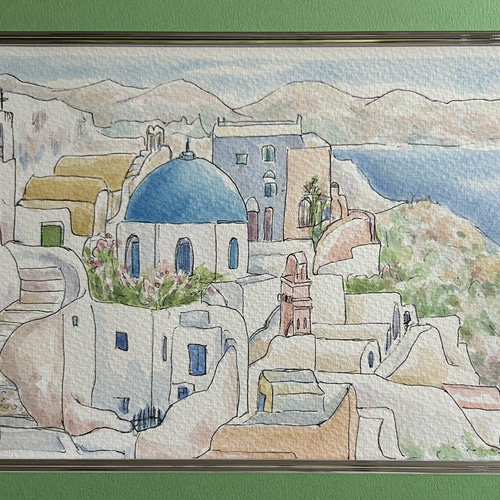 エーゲ海の宝石(ギリシャ、サントリーニ島、水彩画、原画、額付き