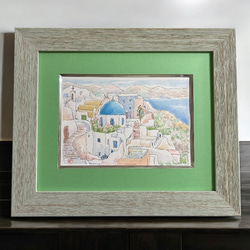 エーゲ海の宝石(ギリシャ、サントリーニ島、水彩画、原画、額付き