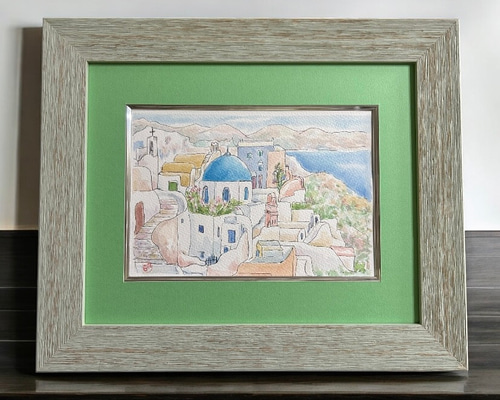エーゲ海の宝石(ギリシャ、サントリーニ島、水彩画、原画、額付き