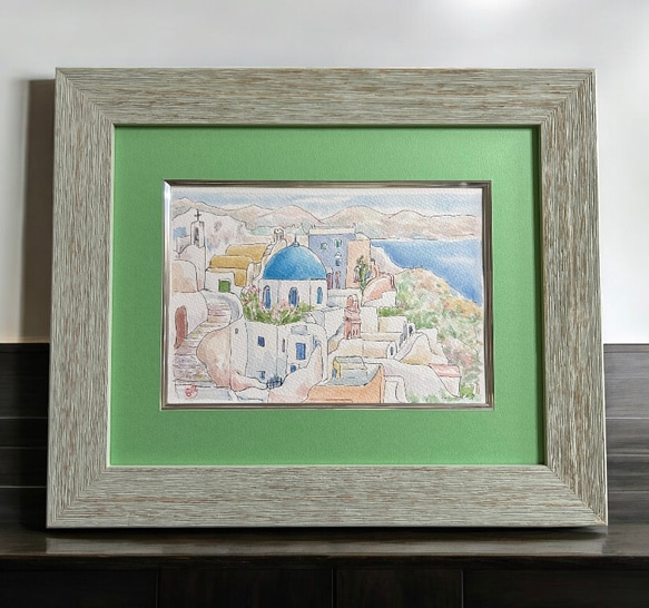 エーゲ海の宝石(ギリシャ、サントリーニ島、水彩画、原画、額付き