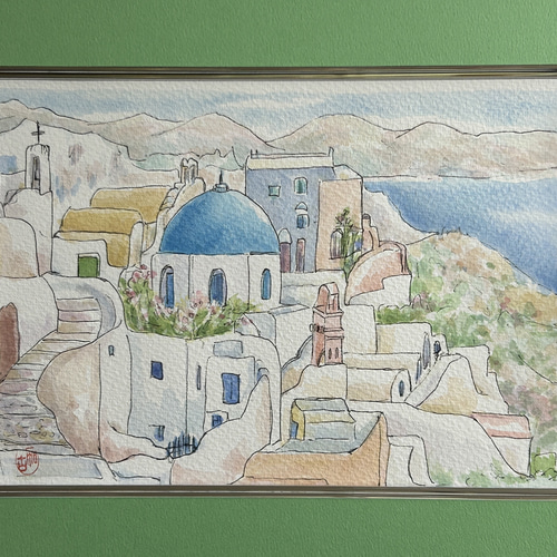 エーゲ海の宝石(ギリシャ、サントリーニ島、水彩画、原画、額付き