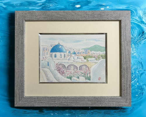 おだやかな休日(ギリシャ、サントリーニ島、水彩画、原画、額付き