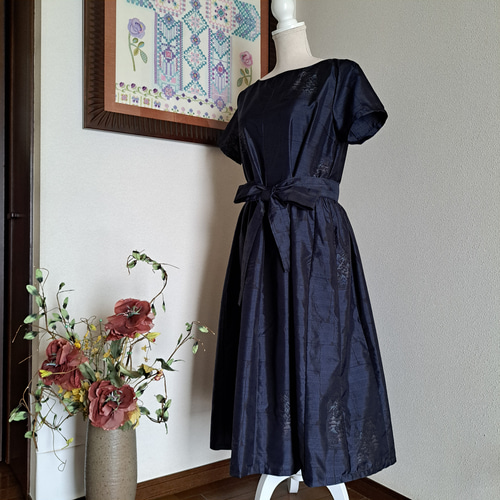 ☆着物リメイク/ 大島紬 /正絹/ 半袖 / ギャザーワンピース