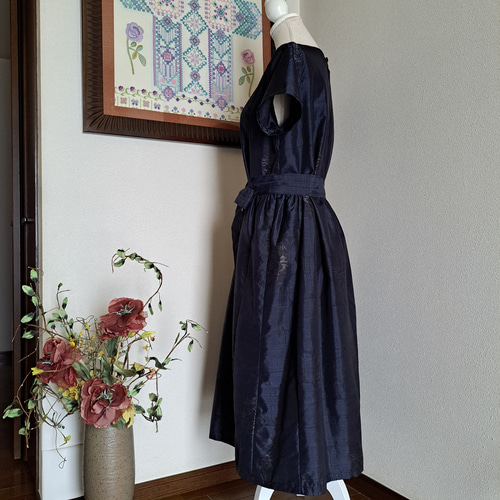 ☆着物リメイク/ 大島紬 /正絹/ 半袖 / ギャザーワンピース