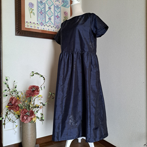 大島紬　お着物　リメイク　ギャザーワンピース　フリルストール付き　ハンドメイド 大島紬 お着物 リメイク ギャザーワンピース フリルストール付き