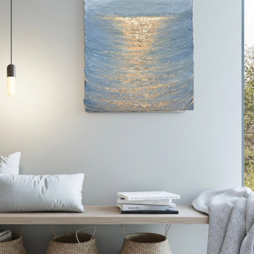 受注制作》Rising sun アートパネル 手書き ゴールド 海 波 日の出