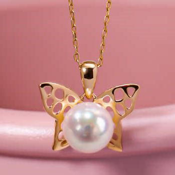 【La Corser】日本製 7-10mm アコヤ真珠 天然海水真珠ペンダントネックレス リボンネックレス 18Kゴールド 妖精