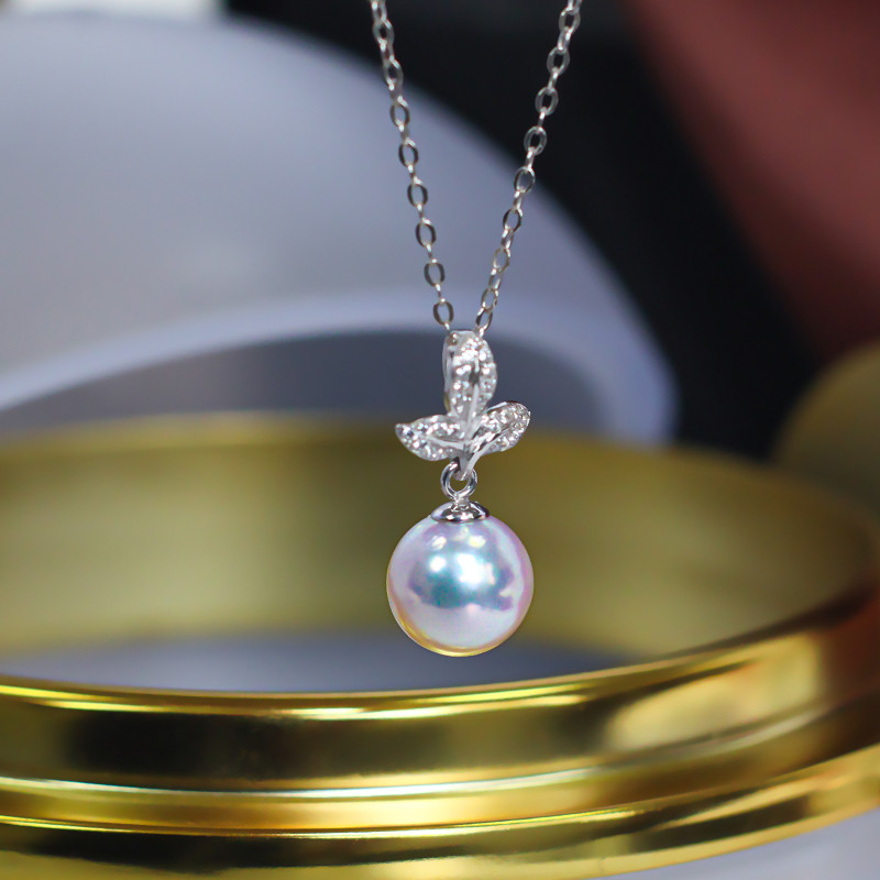 【La Corser】日本製 輸入 7-9.5mm アコヤ 天然海水真珠ペンダント 18Kゴールド ラウンド 鎖骨ネックレス 女